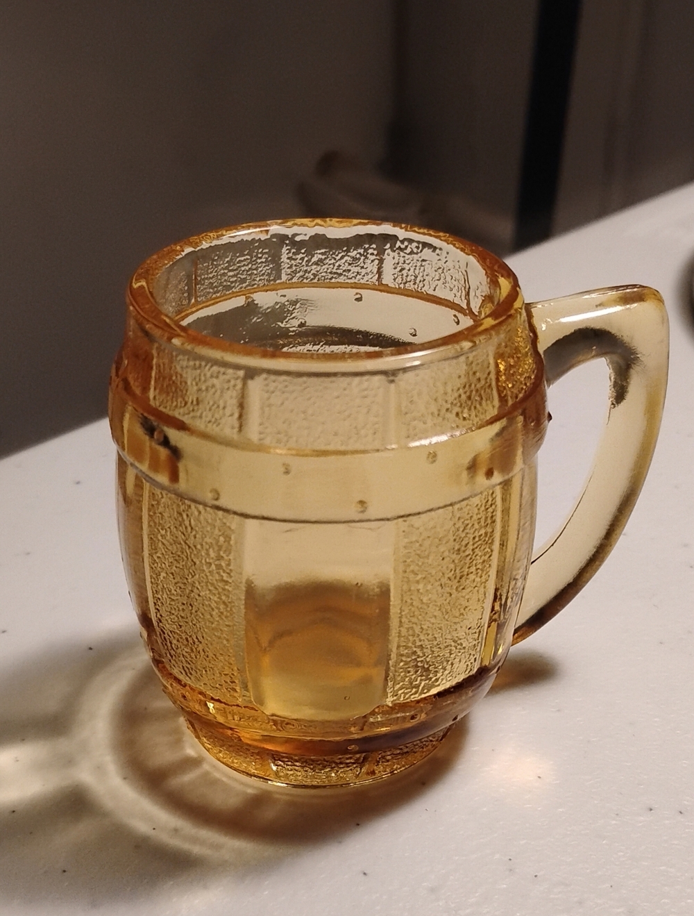 MCM Amber Marigold Glass Whiskey Barrel Mug Shot Glass W/ Handle